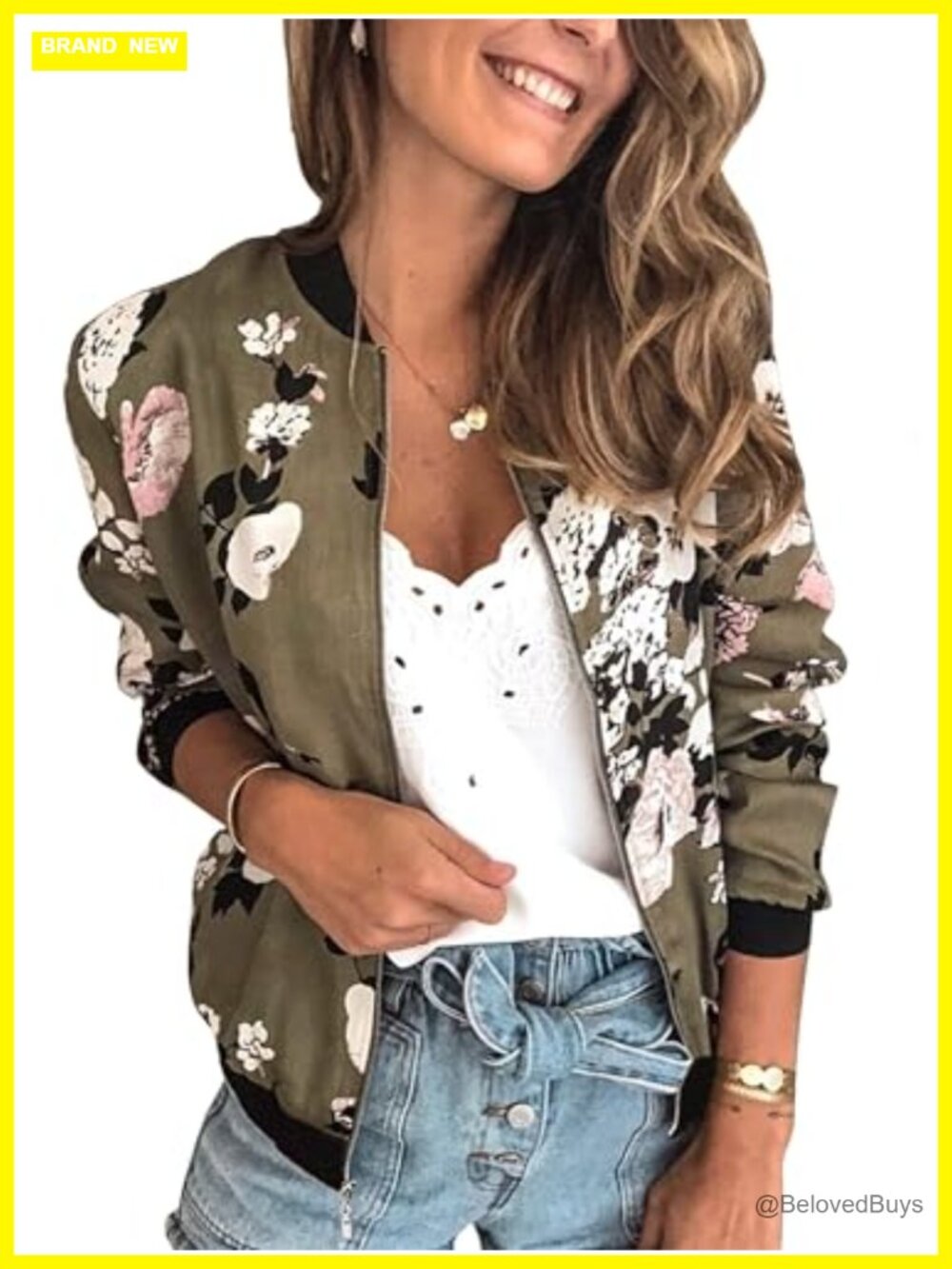 Women's Floral Bomber Jacket Lightweight Zip Up Casual Coat with Pockets